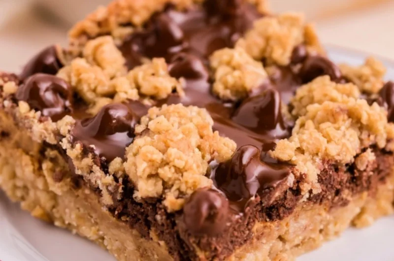 Cozy chocolate peanut butter oatmeal bars on a wooden table with a rustic background