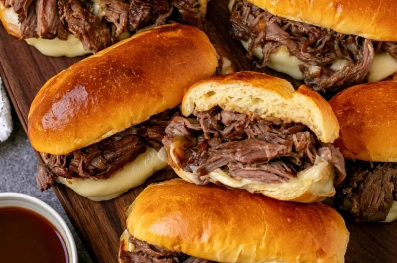 Cozy Crockpot French dip sandwiches with tender beef and au jus