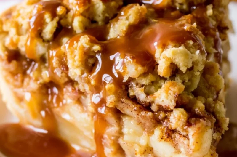 Delicious Dutch Caramel Apple Pie with caramel drizzled on top