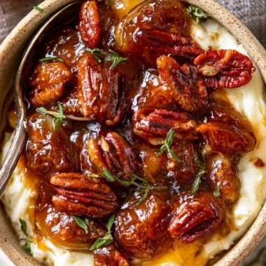Baked feta dip topped with fig jam and pecans served with bread