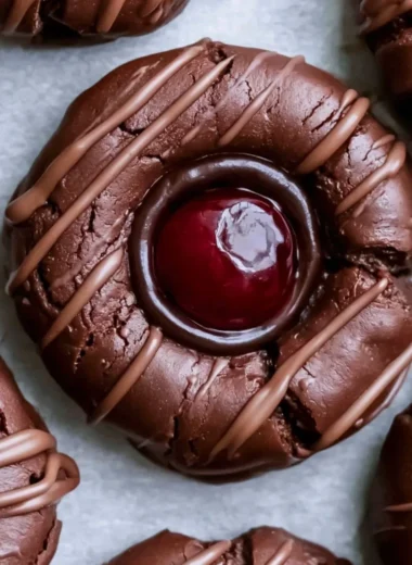 Delicious chocolate cherry thumbprint cookies on a baking sheet
