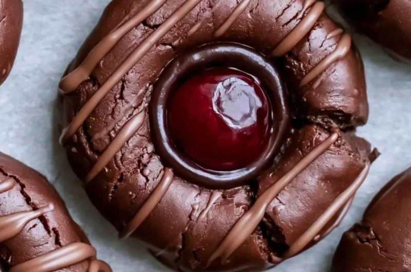 Delicious chocolate cherry thumbprint cookies on a baking sheet