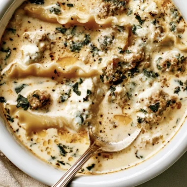 Bowl of creamy white lasagna soup topped with cheese and herbs