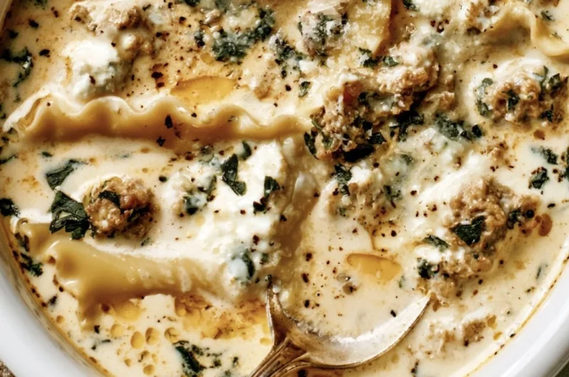 Bowl of creamy white lasagna soup topped with cheese and herbs
