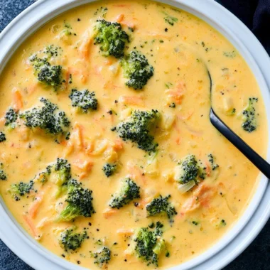 Bowl of creamy broccoli cheddar soup with cheese and fresh broccoli garnished.