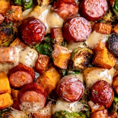 Delicious one pan sausage with butternut squash and Brussels sprouts dish