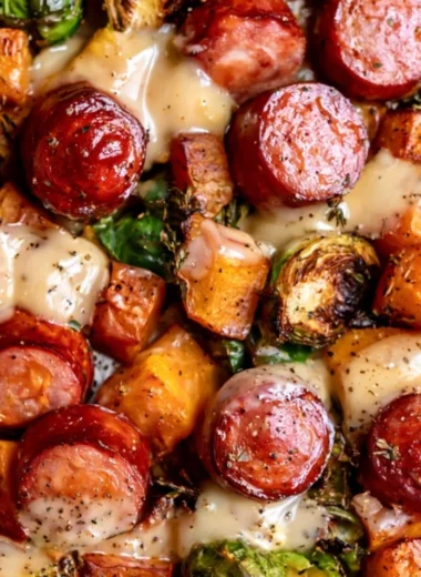 Delicious one pan sausage with butternut squash and Brussels sprouts dish