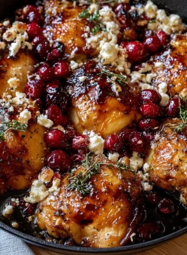 Honey Cranberry Chicken Bake topped with Feta Cheese in a baking dish