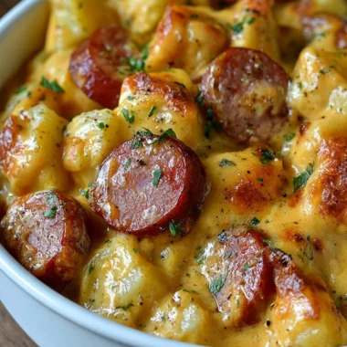 Kielbasa sausage cheesy potato casserole served in a baking dish