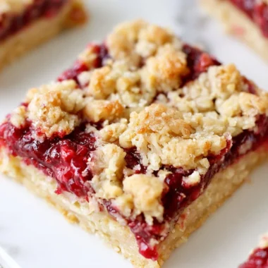Homemade Raspberry Oatmeal Crumble Bars on a rustic wooden table