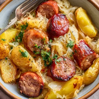 Dish of sausage, sauerkraut, and potatoes served in a bowl